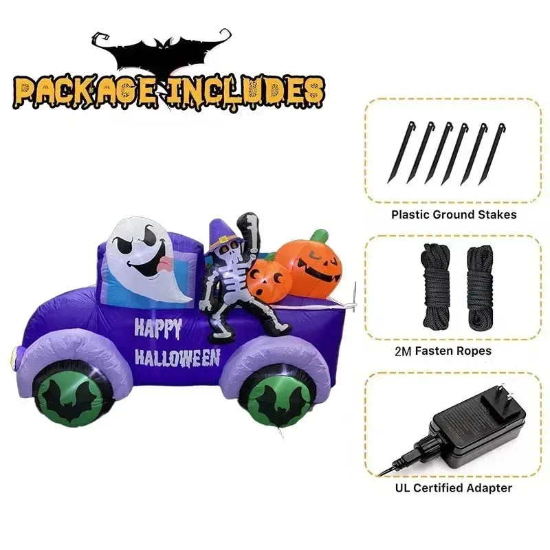 8FT Outdoor Inflatable Halloween Model - Ghost Driving Truck with Skeleton & Pumpkin, Built-in LEDs, Ideal for Yard Decorations