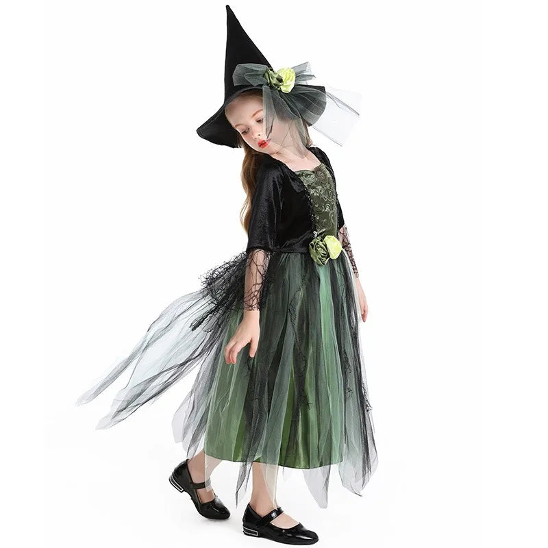 Halloween Costume Witch Kids Green Mesh Dress Hat Suits Theme Outfits for Girls - 120cm / Olive Green