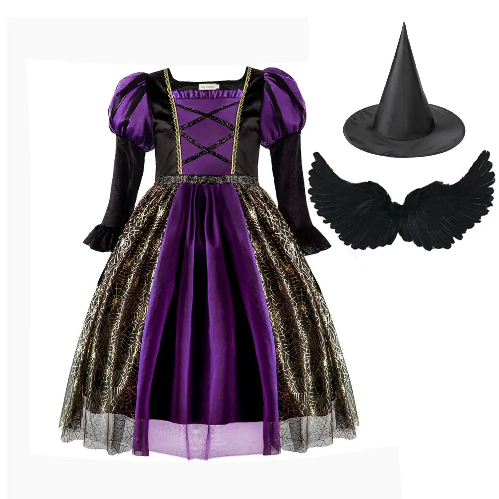 Purple Black Witch Golden Spider Web Kids' Dress Halloween Costume - product image 10