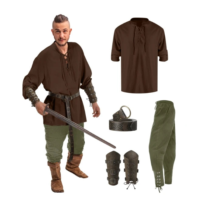 4 Pcs Halloween Men's Renaissance Costume Set Medieval Pirate Shirt Ankle Banded Pants Viking Belt Accessories - product image 14