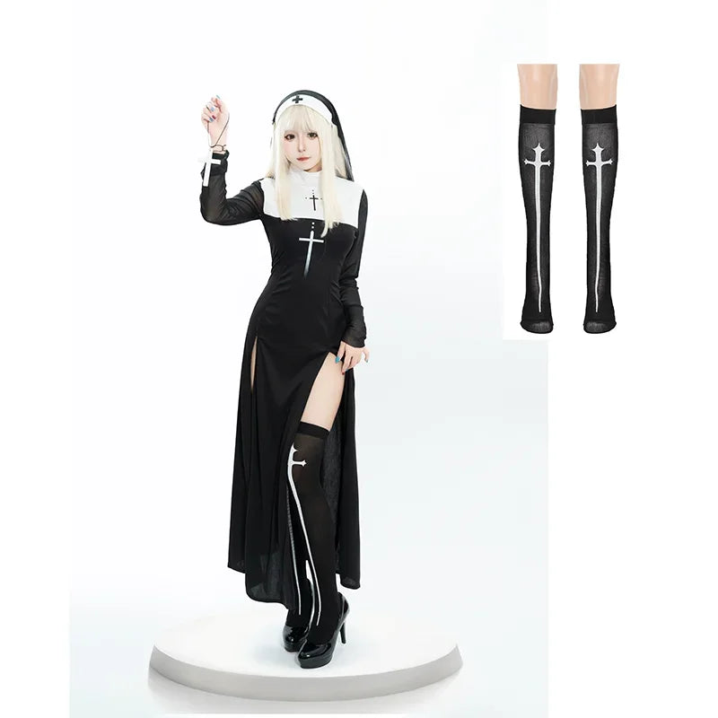Halloween Anime Costume Sexy Nun Dress Women Fancy Gothic Robe Black Uniform Adult Themed - suit C / M