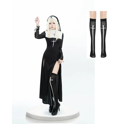 Halloween Anime Costume Sexy Nun Dress Women Fancy Gothic Robe Black Uniform Adult Themed - suit C / M