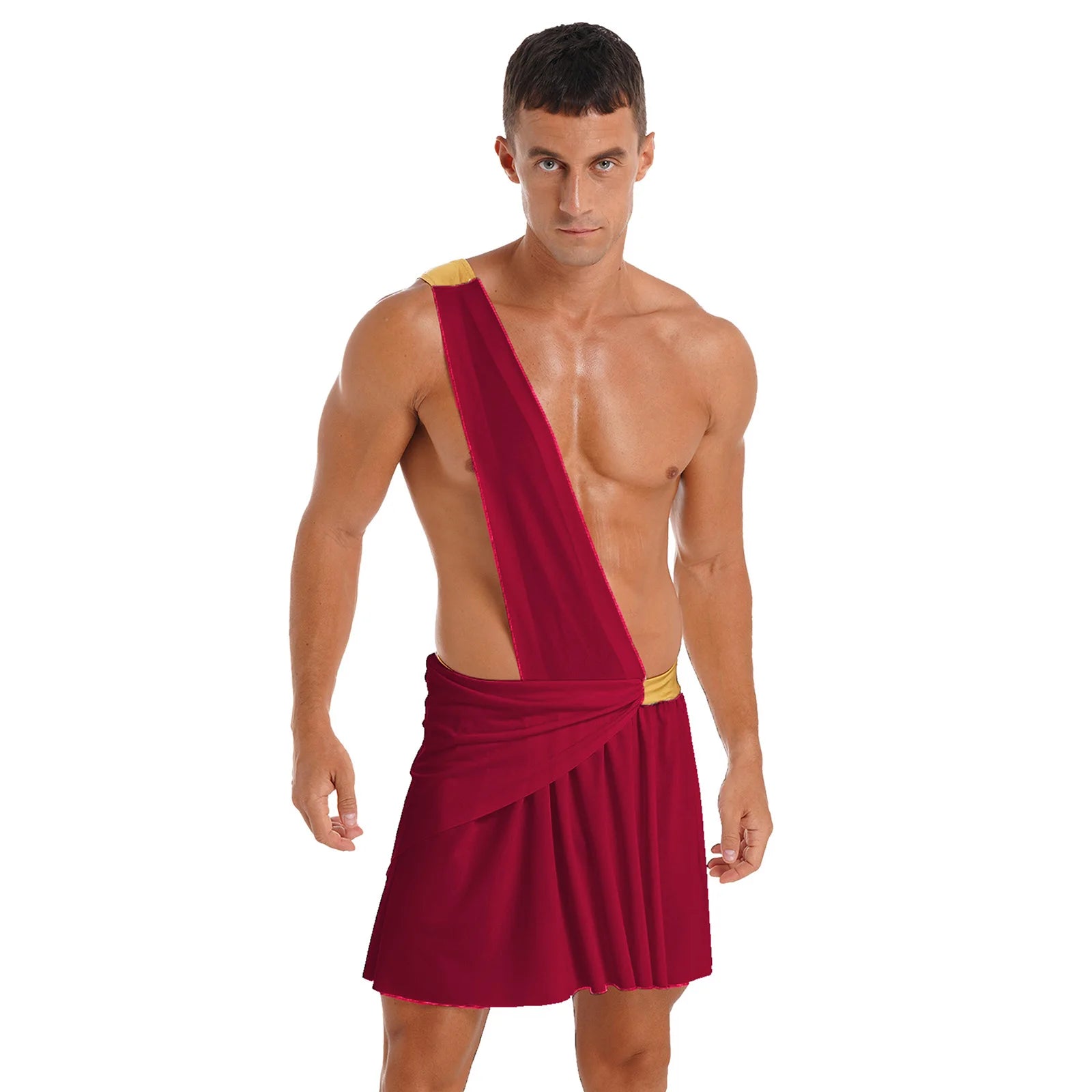 Men's Ancient Greek God Halloween Costume One Shoulder Strap Skirts Knight Warrior - Burgundy A / 3XL