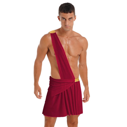 Men's Ancient Greek God Halloween Costume One Shoulder Strap Skirts Knight Warrior - Burgundy A / 3XL