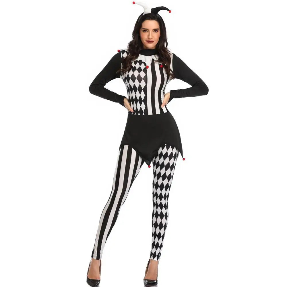 Women Killer Clown Costume Adult Costume Terror Striped Jumpsuit Halloween Scary Outfit - View 6