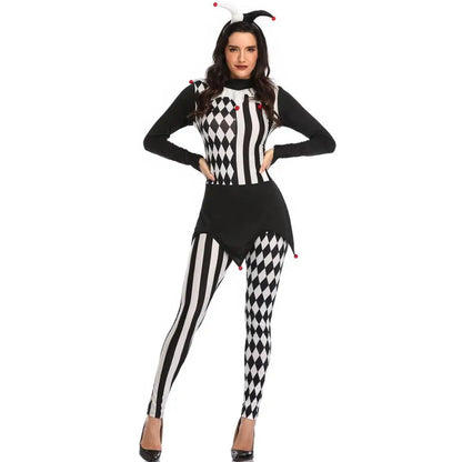 Women Killer Clown Costume Adult Costume Terror Striped Jumpsuit Halloween Scary Outfit - View 6