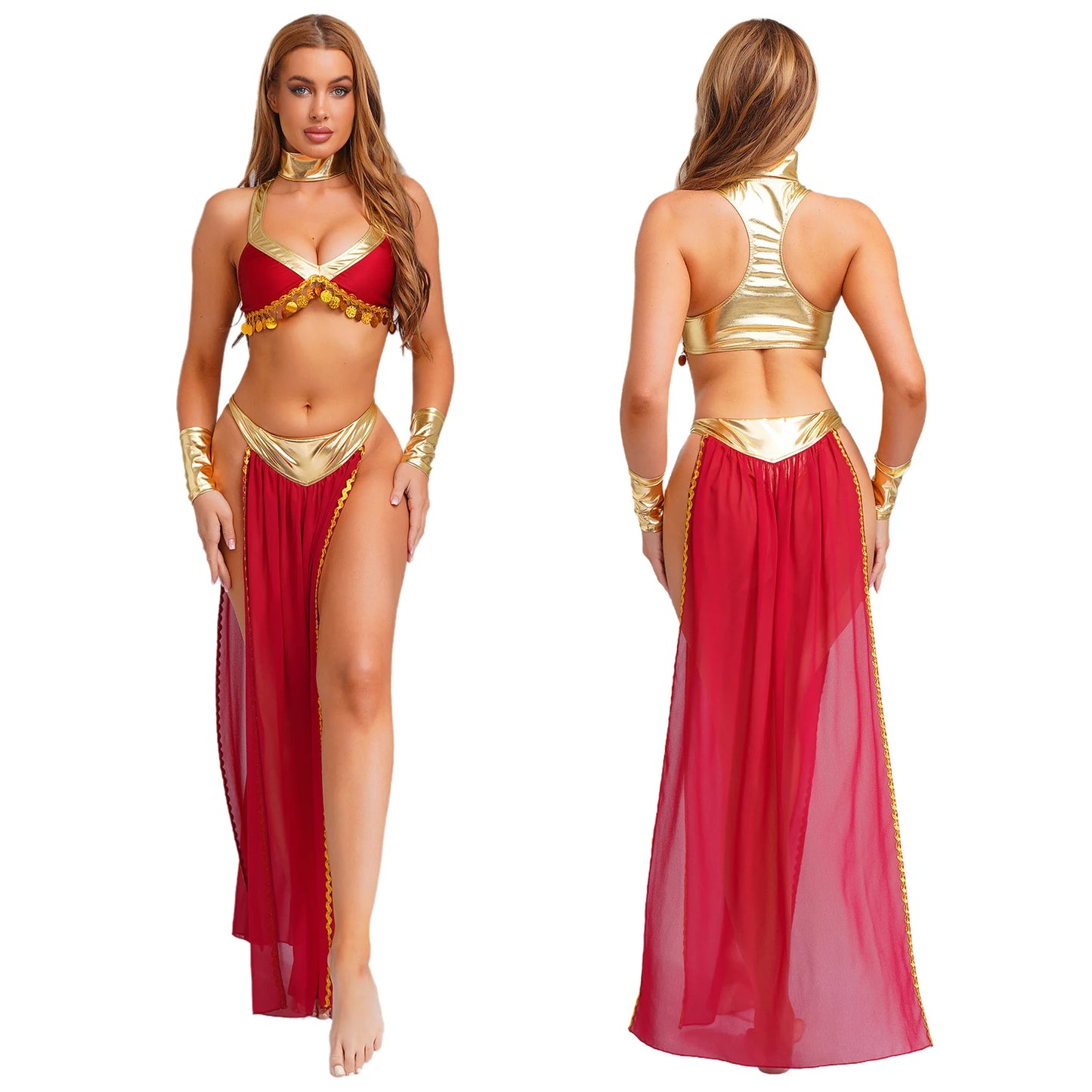 Women Halloween Cleopatra Ancient Egyptian Queen Sun Goddesses Cosplay Costume Crop Top with Skirt Belly Indian Dance Outfit