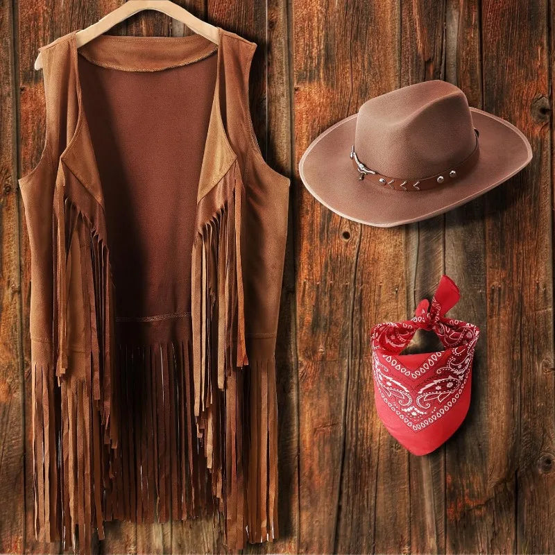 3 Pcs Women Cowboy Cowgirl Costume Faux Suede Tassel Vest Waistcoat with Rivets