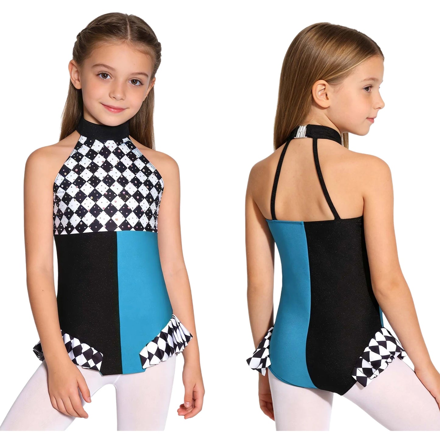 Kids Girls Circus Clown Mad Hat Costume Rhinestones Halter Sleeveless Plaid Jumpsuit - Red B / 8