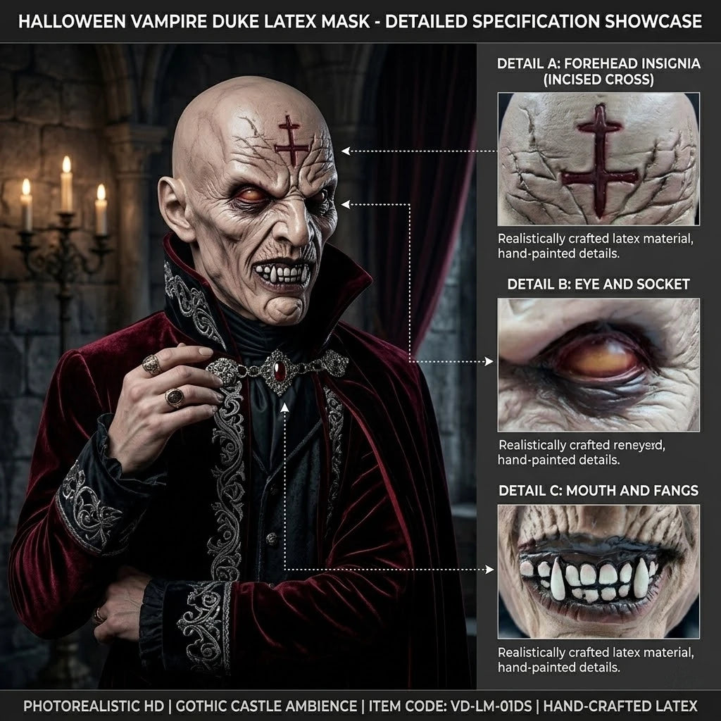 Realistic Vampire Duke Latex Mask Full Head Horror Red Eyes Fangs Halloween Cosplay Costume Party Prop