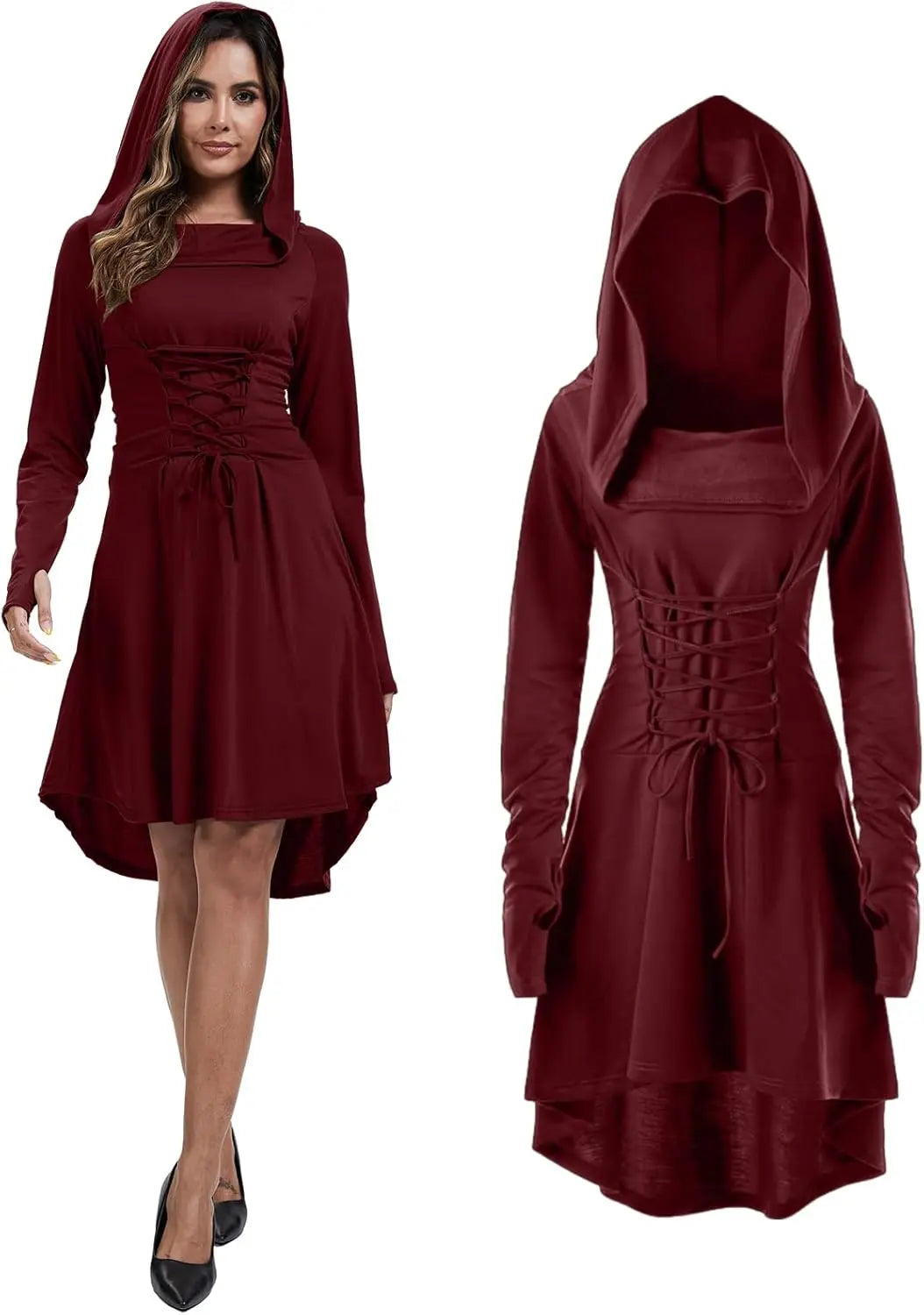 Womens Renaissance Costumes Hooded Robe Lace Up Halloween Medieval High Low Long Hoodie Dress Cloak - product image 8