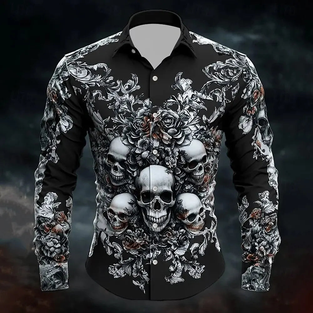 Men's Skeleton Skulls Shirt Button Long Sleeve Costume