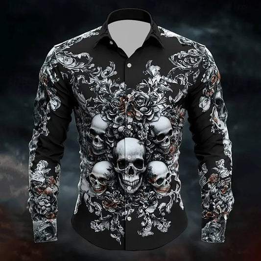 Men's Skeleton Skulls Shirt Button Long Sleeve Costume