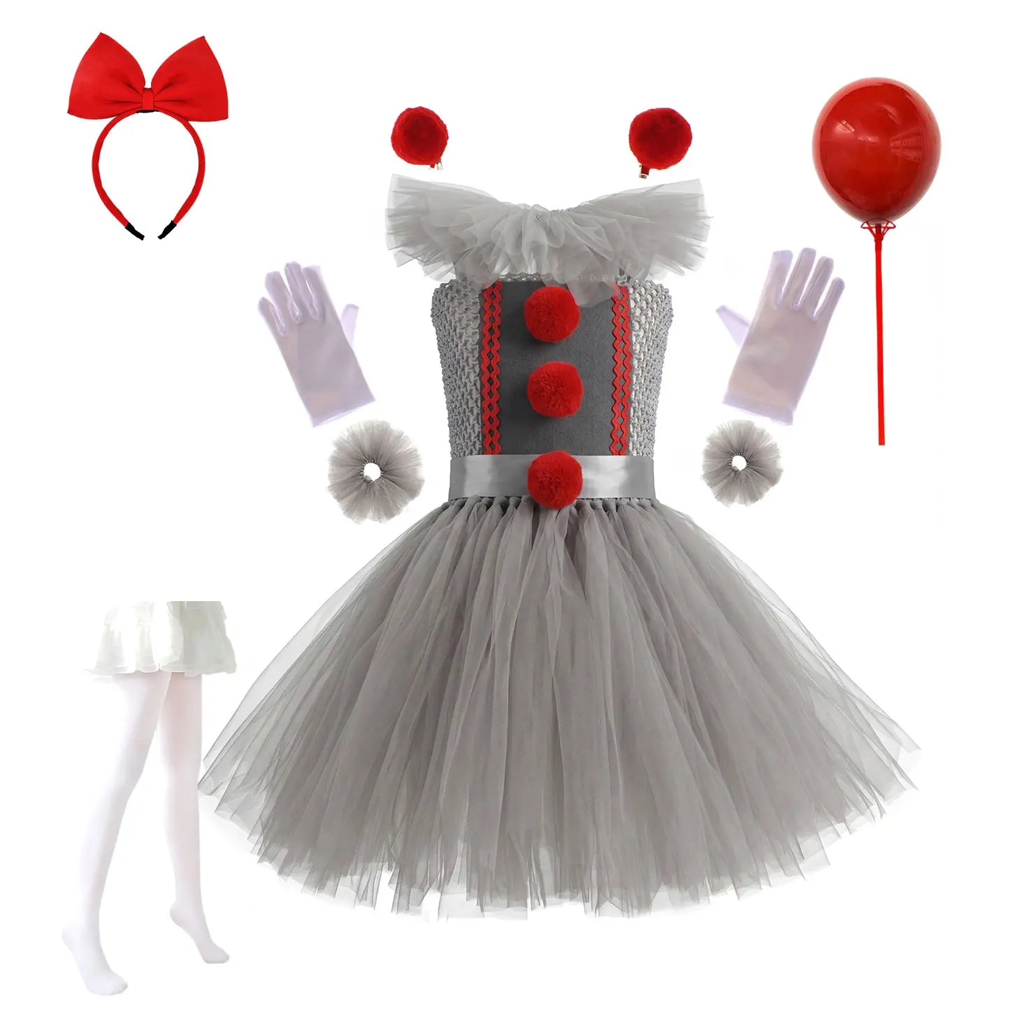Weird Joker Grey Tutu Dress+Gloves+Hairpin+Bracelet Girls Costume Weirdo Creature Clown - Clown 01 / 4-5T(M)