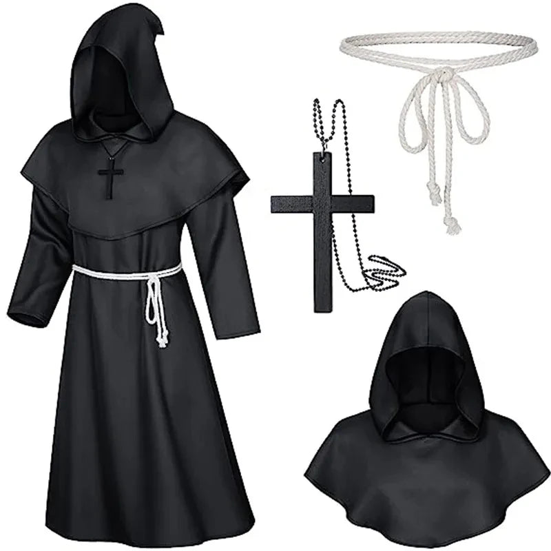 Halloween Wizard Costume Medieval Monk Hooded Robe Costume Mask Hat for Men Steampunk - C3 / Halloween cosplay