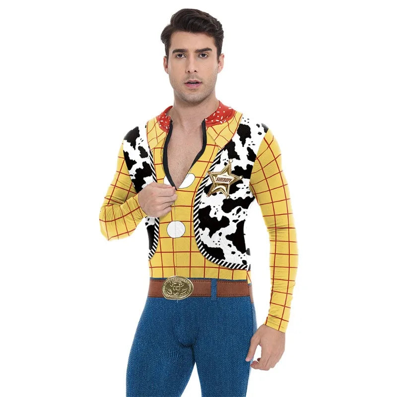 Western Cowboy Toy Costume Adult Men Halloween Story 3D Digital Print Full Body Jumpsuit Toy Costume - B473-1018 / L