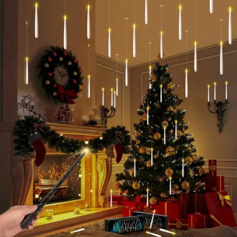 Magic floating LED Halloween candles with wand remote and warm flickering light