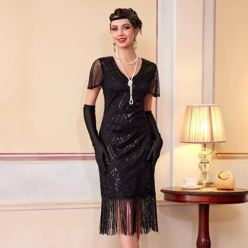 Roaring 20s Retro Beaded Tassel Flapper Dress Mid Length Sequined Mesh Sleeve Formal Dress For Wedding Banquet Costume