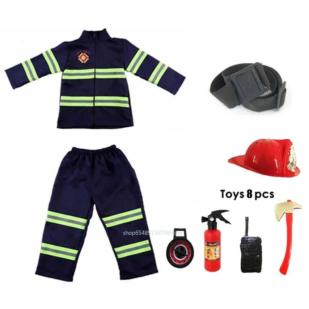 Children Fireman Cosplay Costume Boys Girls Halloween Carnival Party Sam Fireman Uniform Workwear