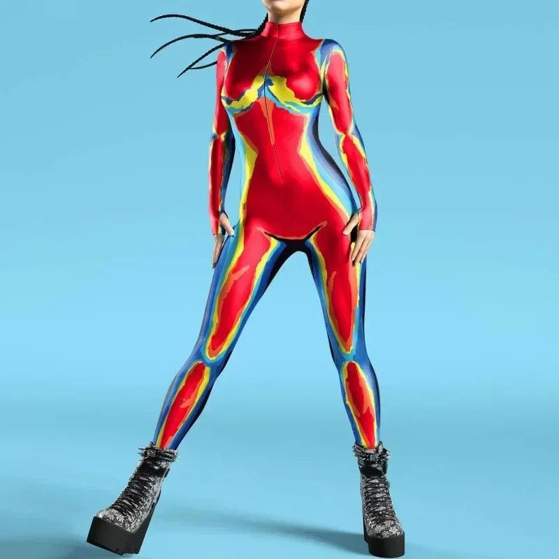 Sexy Zentai Bodysuit Colorful Halloween Costume for Women Outfit Sleeve Front Zipper - O / Adult L