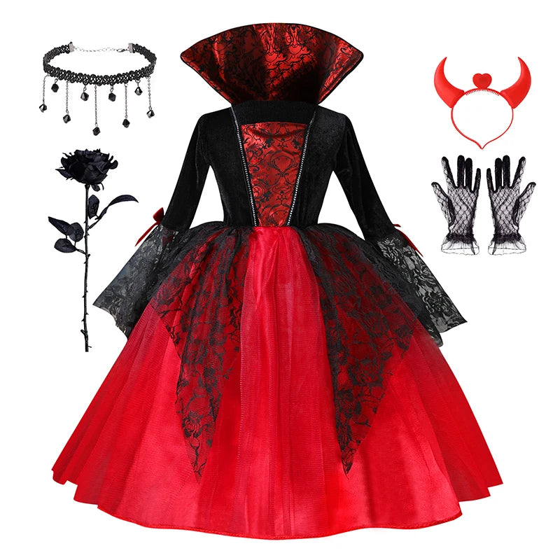 Kids Girls Vampire Devil Costume Dress Complete Set with Accessories Theme Costume