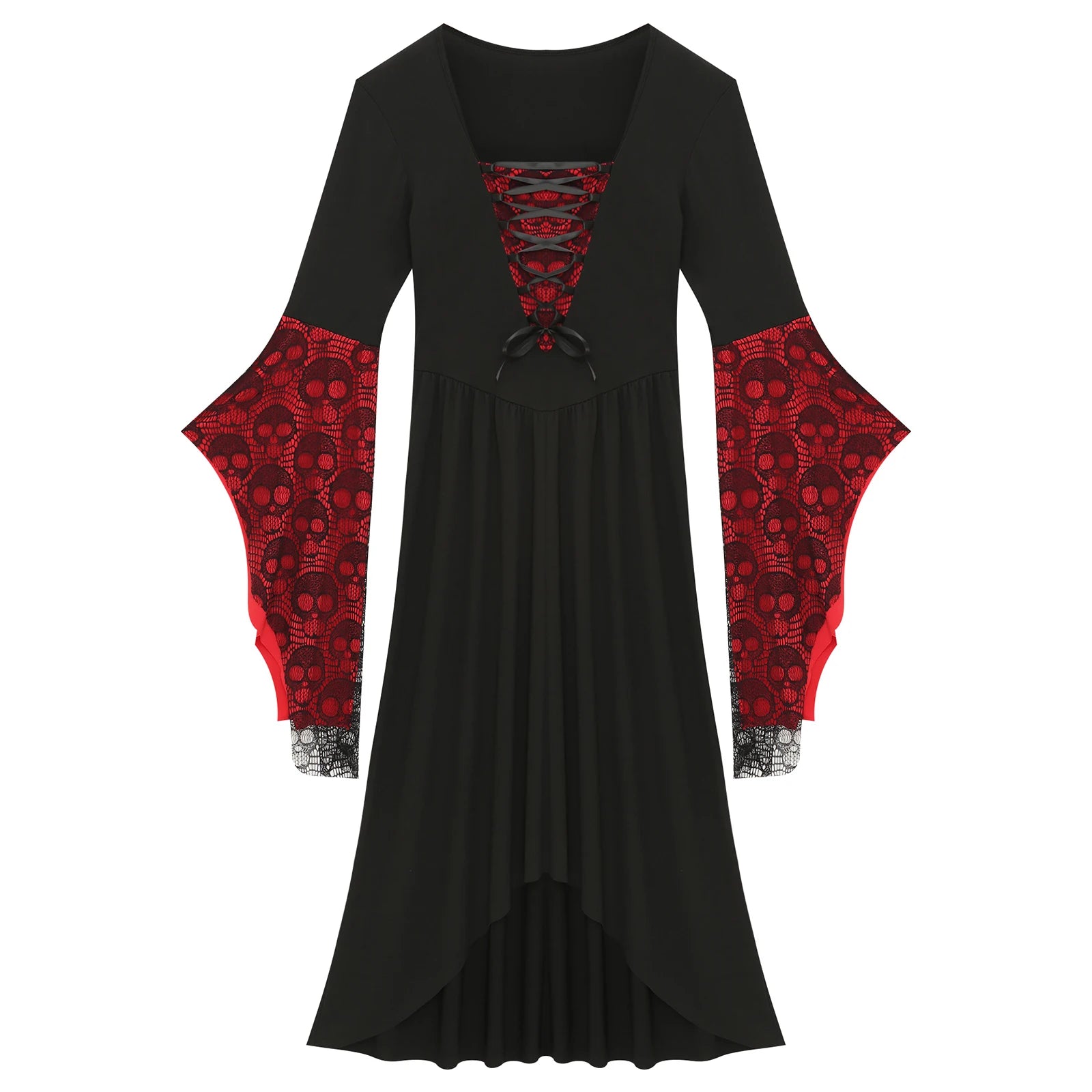 Womens Halloween Medieval Renaissance Cosplay Dress Flare Sleeve Skull Lace High-Low Hem Retro Witch Gothic - product image 4