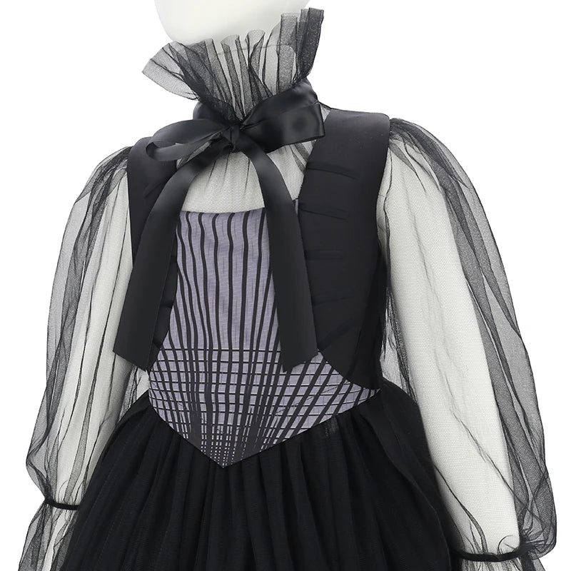 Girls Long Black Halloween Costume Dress with Accessories