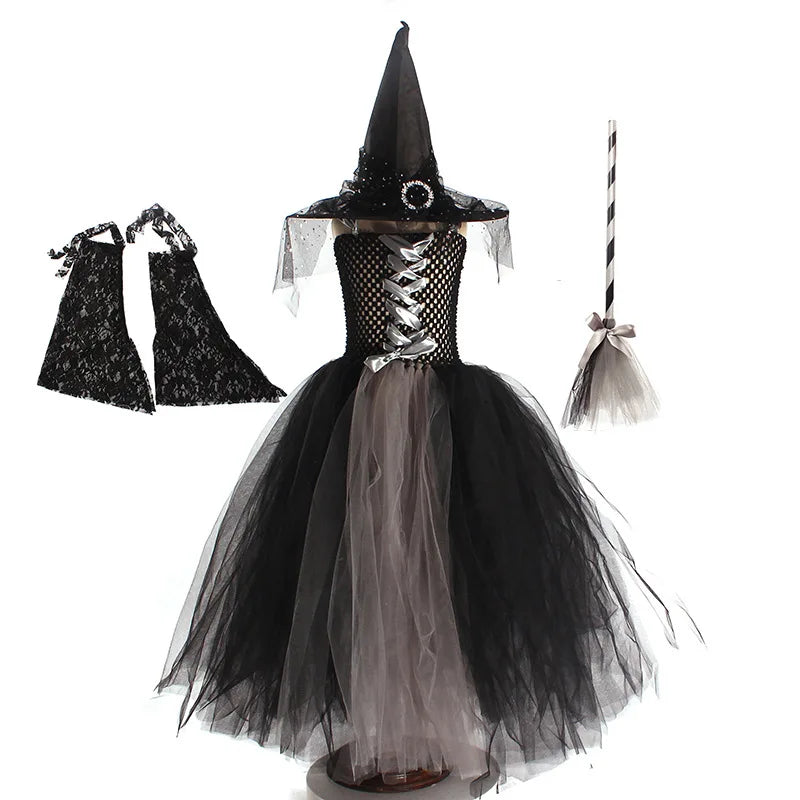 Girls Gothic Halloween Ghost Witch Costume Trumpet Sleeve Children's Robe Ballet Tutu Dress - product image 8
