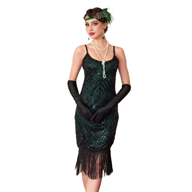 1920 Vintage Red Sequins Dress Women's Spaghetti Strap Tassel Dress Elegant Party Evening Dress Great Gatsby Flapper Costume