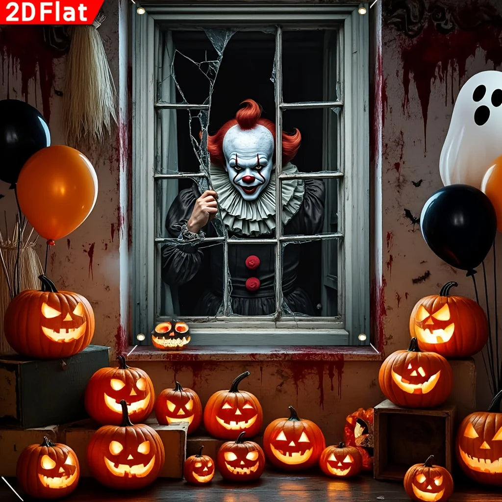 2D flat, 1 Halloween clown through a broken window banner - polyester haunted - product image 3