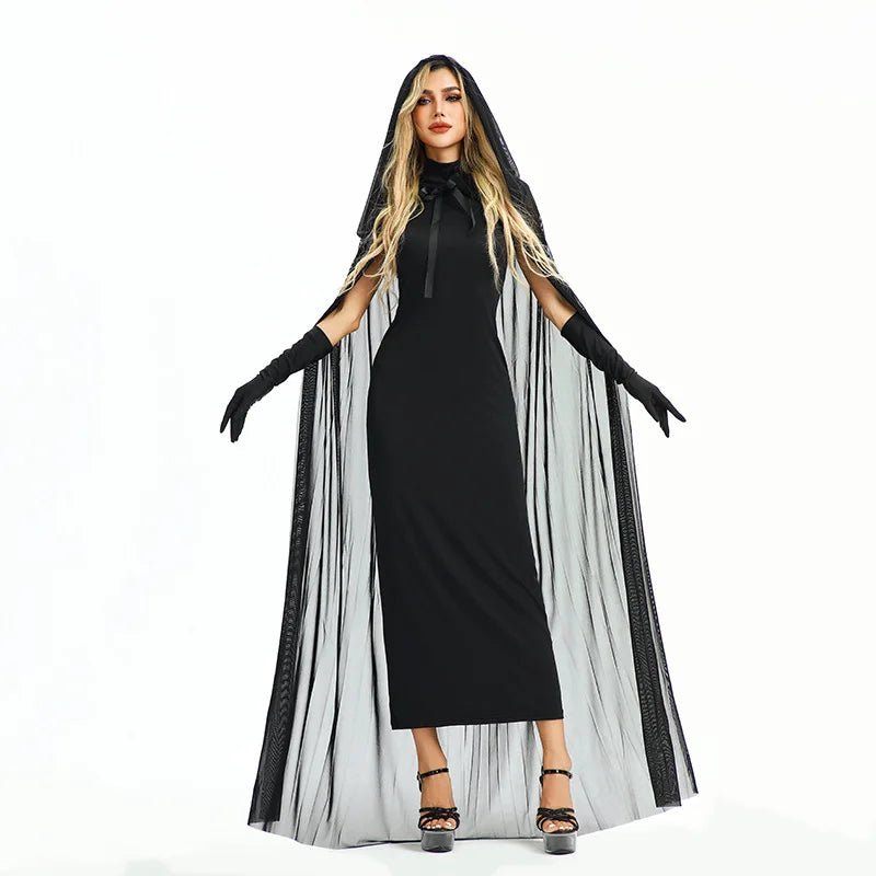 Gothic Dark Witch Cosplay Costume Women Black Fitted Dress Long Hooded Cape Gloves Halloween Vampire Outfit - product image 7