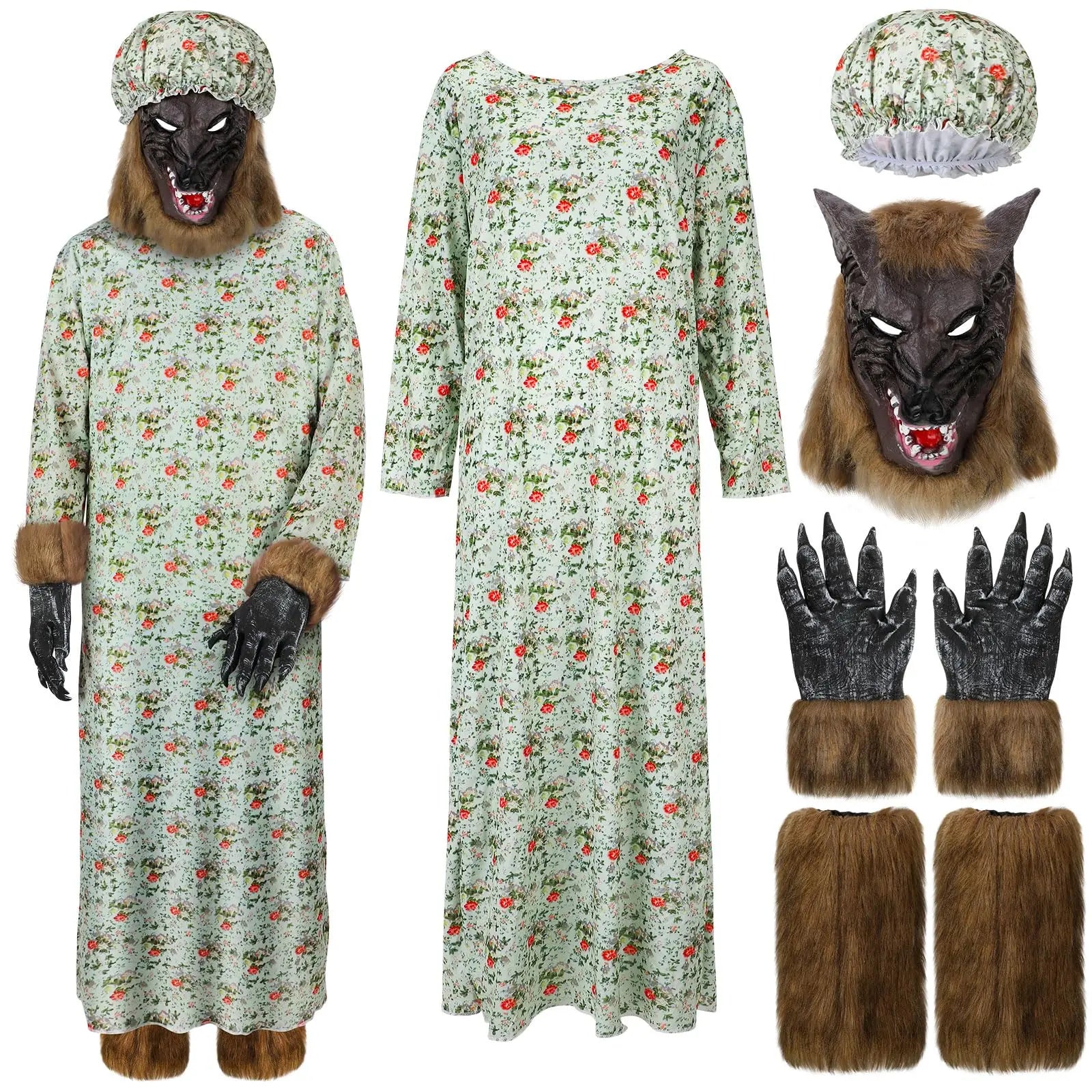 Wolf Granny Costume Set Adult Cosplay Dress Outfit with Hat Wolf Head Mask Gloves Leg Warmers for Christmas
