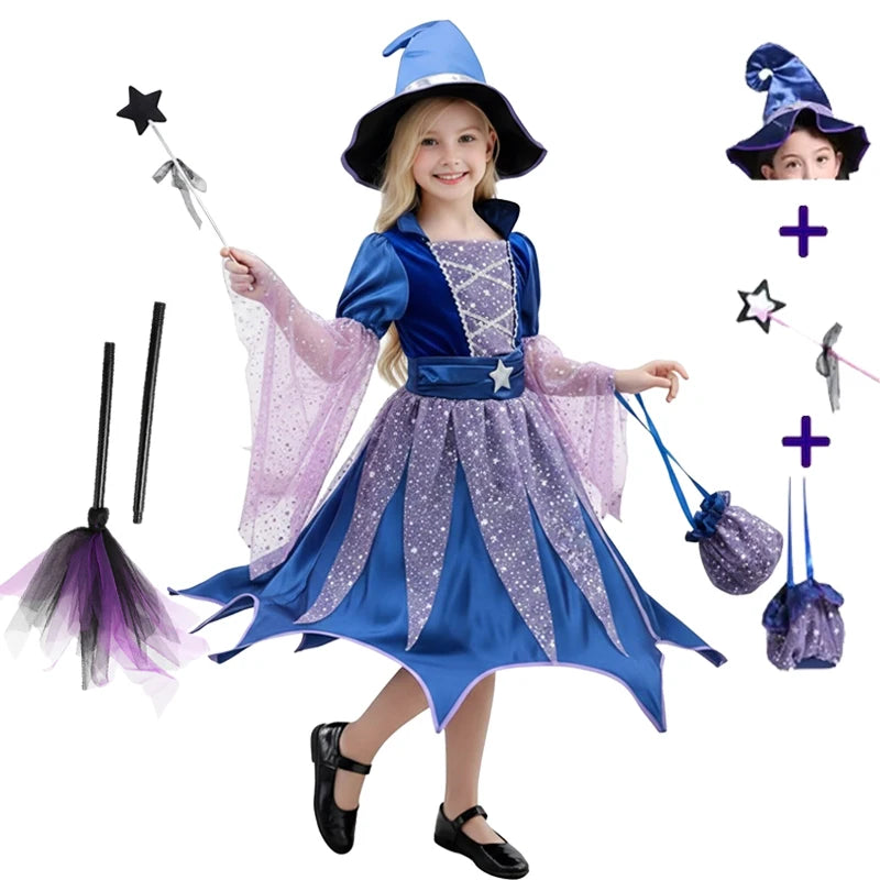 Halloween Costume Girls Costumes Witch Dress 4 PCS Bag Hat Wand Suit Kids Costume Vestidos - 4 PCS A / 3T(110)