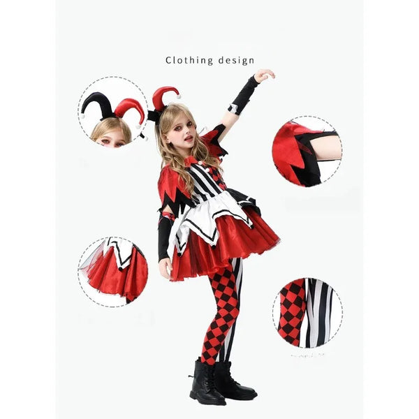 Halloween Costume Horror Clown Dresses Pants Headwear Sets Theme Outfits for Girls - 02 / Adult L