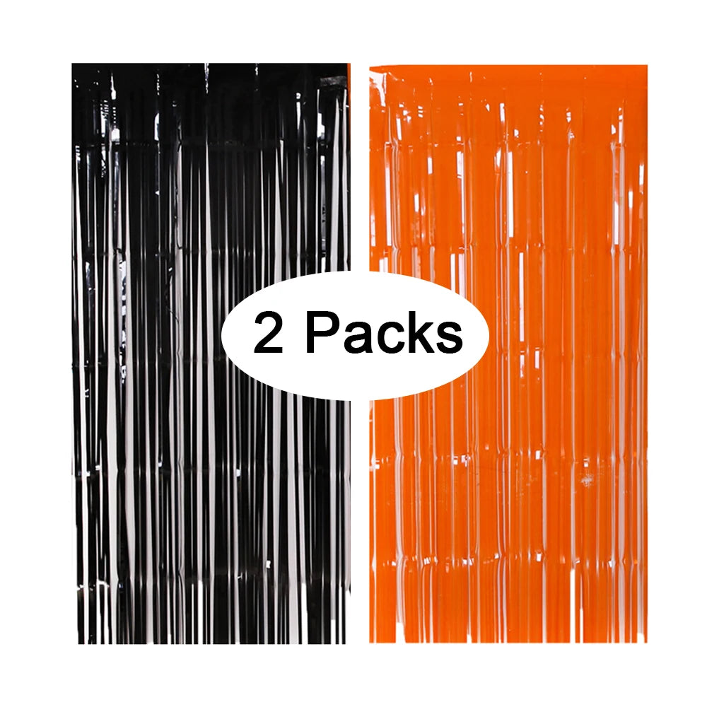 2Pcs Halloween Decoration Backdrop Tassle Curtains Black Orange Foil Fringe - product image 1