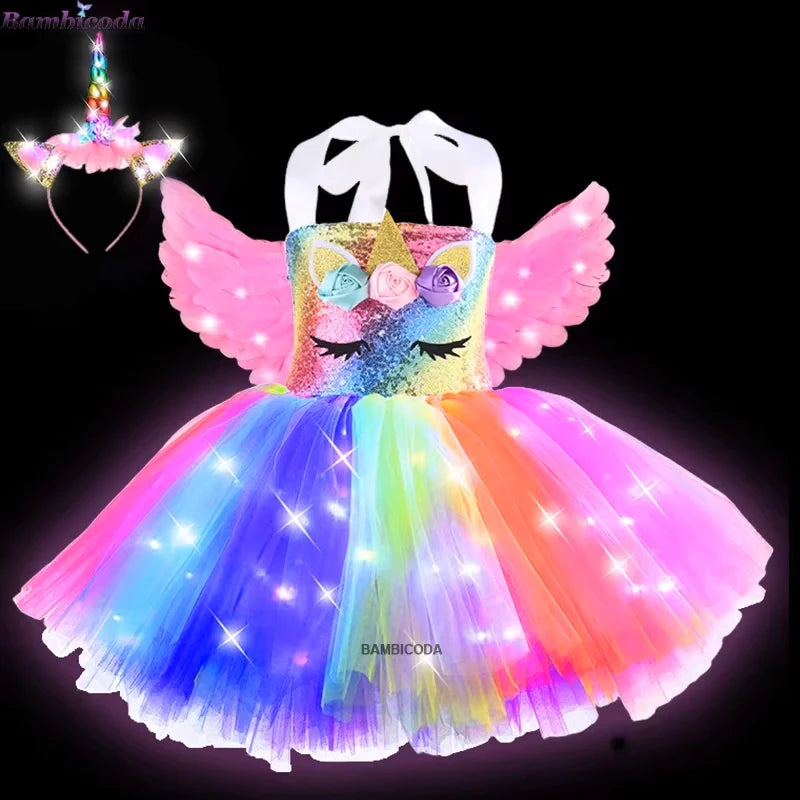 Girls Shiny Unicorn Tutu Led Lighting Dress Glowing Dresses Princess Dress Clothing