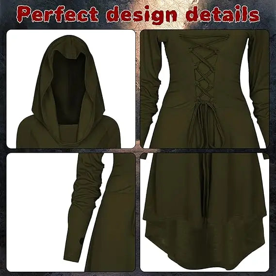 Women's Medieval Renaissance Vintage Hooded High Low Pullover Halloween Costume - army green / S