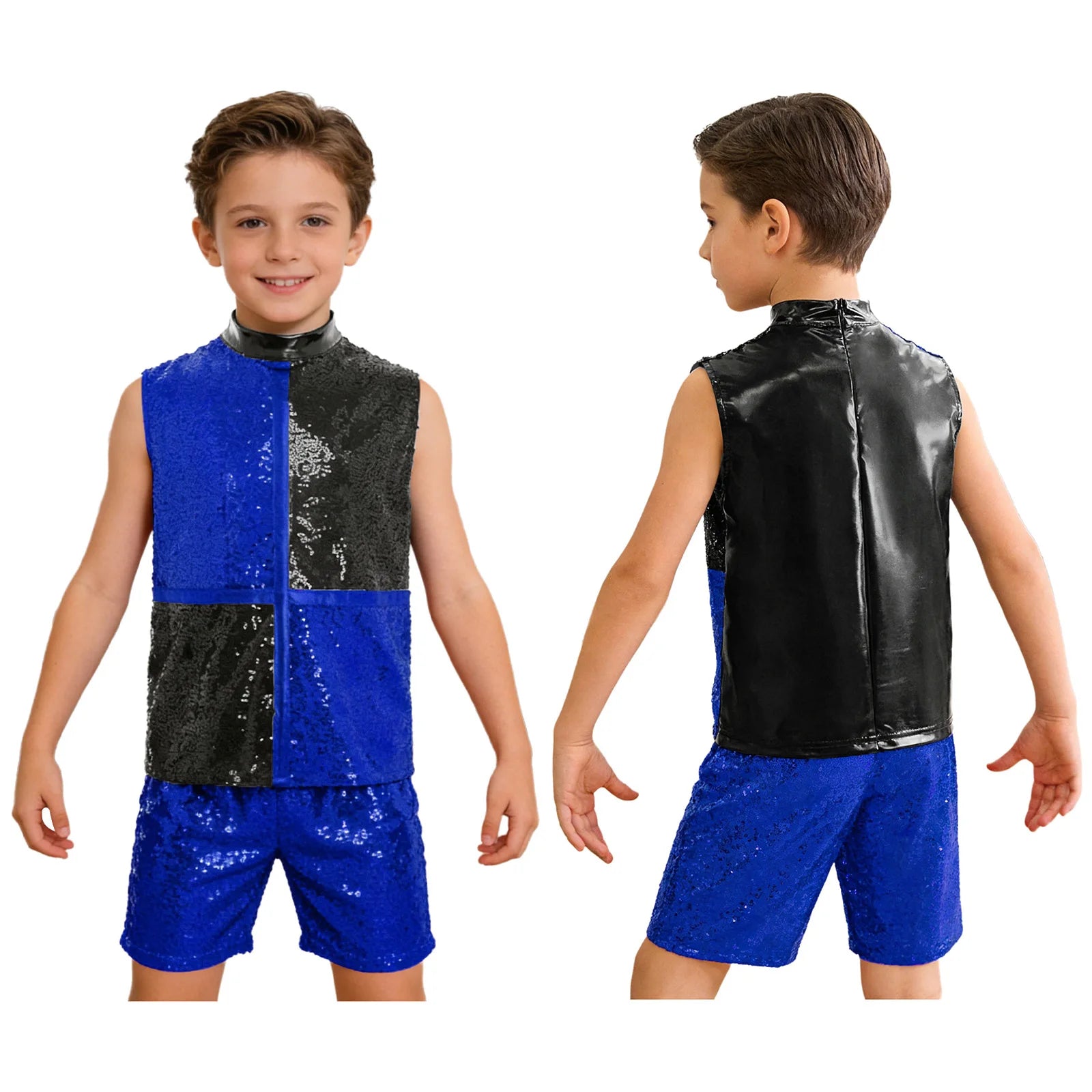 Kids Boys Hip Hop Dance Outfit Sequins Dance Top and Shorts Set Halloween Clown Costume - Silver / 12