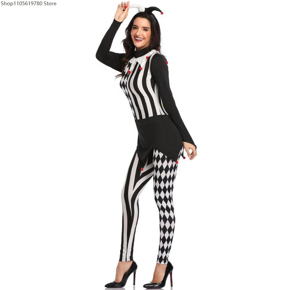 Women Killer Clown Costume Adult Costume Terror Striped Jumpsuit Halloween Scary Outfit - Black / L