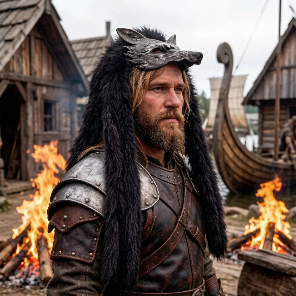 Viking Wolf Mask with Fur Barbarian Headdress Werewolf Headpiece for