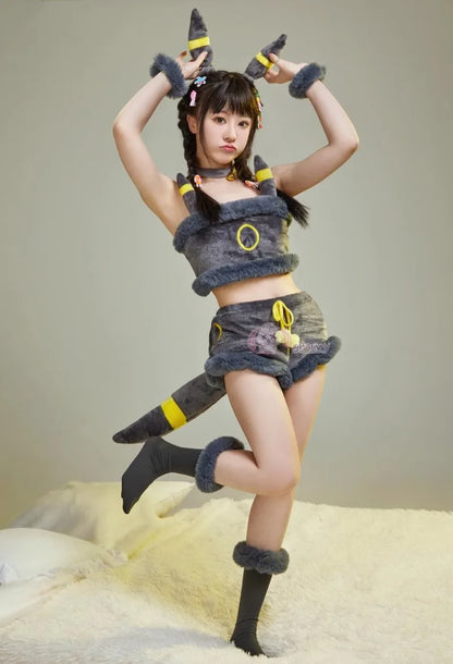 Anime Eevee Cosplay Costume Women Sexy Flannel Hooded Bodysuit Socks Suit Bunny Girl Cute Cartoon Plush Pajamas Jumpsuit Uniform