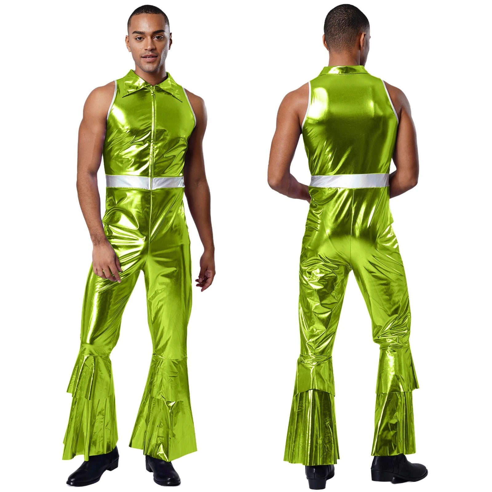 Adult Mens Shiny Metallic 70s Disco Costume Lapel Collar Sleeveless High Waist Flared Jumpsuit Rock Disco - product image 8