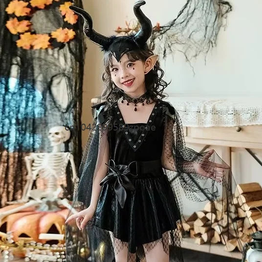 Halloween Enfant Demon Costume Witch Black Outfit Gothic Stage Show Vampire Dress with - 5PC / L 120cm
