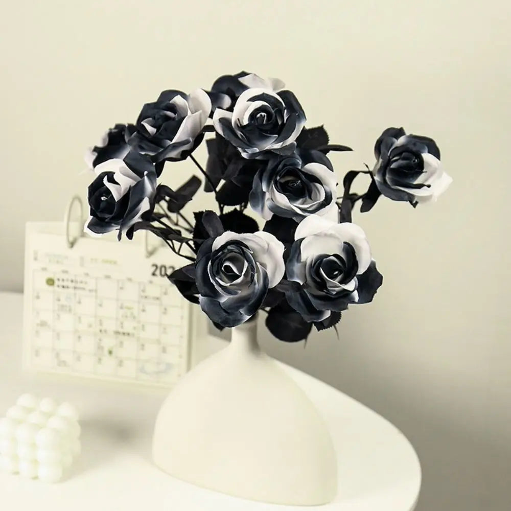 Black White Halloween Artificial Rose Flowers Gothic Soft Silk Faux Flowers - product image 4