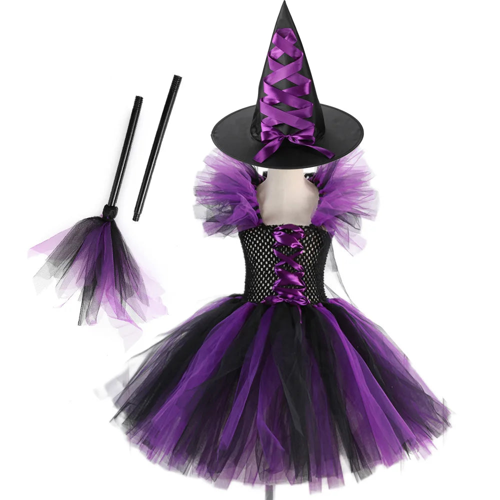 Girl Witch Halloween Disguise Costume With Hat Broom Dress Up Kids Cosplay Children Vestidos Outfit - product image 4