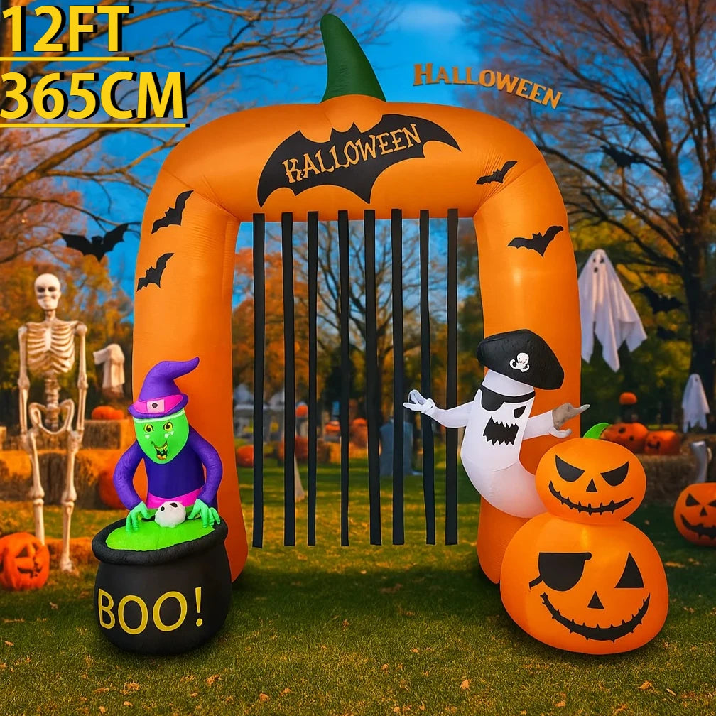 12FT Giant Halloween Inflatable Pumpkin Arch Ghost Toy Witch Decoration LED Lights Yard Lawn Decor Home Party Supplies Ornaments