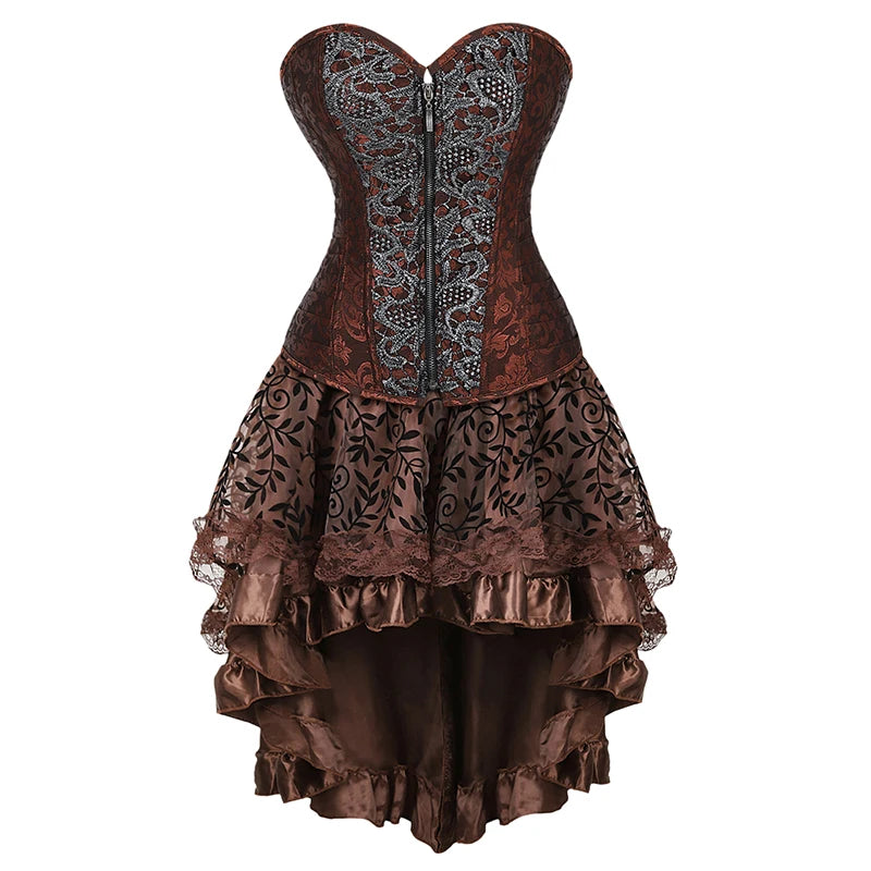 Steampunk Corset Dress Brown Pirate Costume Woman Skirt Plus Size Gothic Underbust