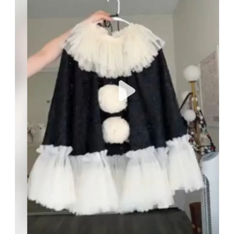 Women's Black & White Pierrot Clown Costume – Lace Cape Poncho