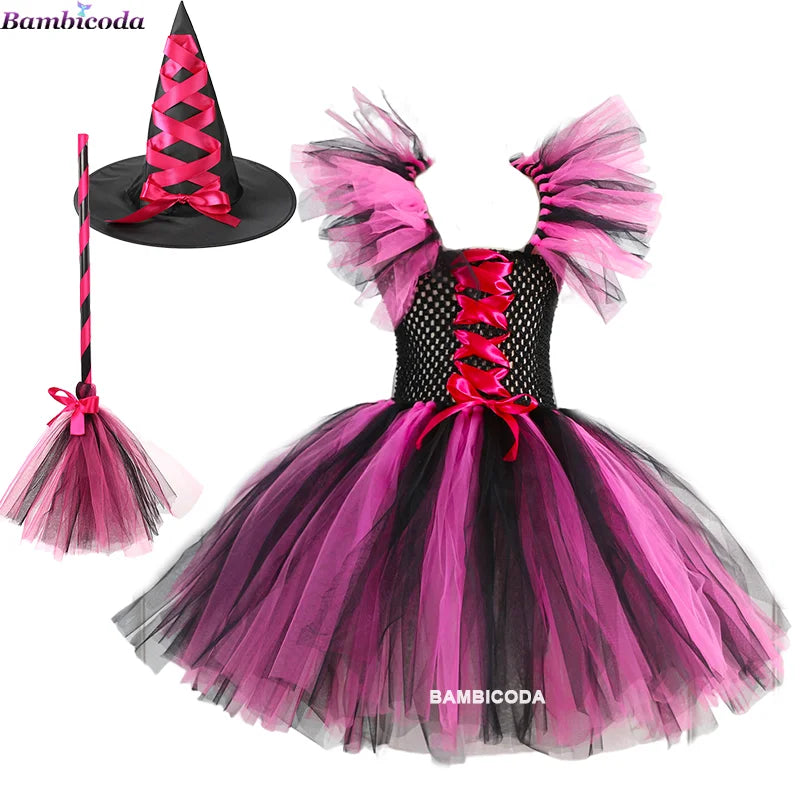 Kids' Witch Disguise Tutu Knee Hat Broom Pantyhose Halloween Costume - b2 / M(4-5Y)