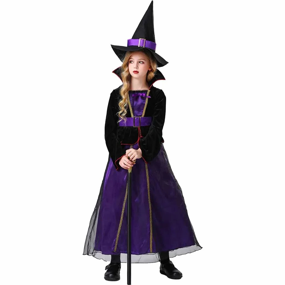 Halloween Witch Girls Purple Gauze Dress & Cloak ; Pointed Cap Belt Costume children Carnival Witch Costume - product image 3